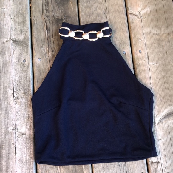 High Neck Navy Blue Party Top w/ Built in Gold Necklace SIRENS (Size S) - Picture 4 of 7
